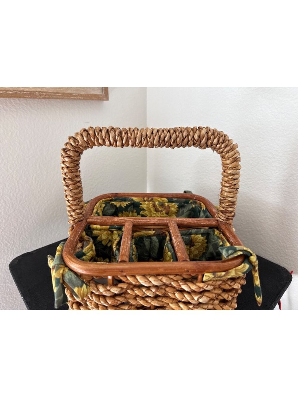 Vintage Woven Basket With Sunflower Fabric Liner & Dividers For Organizing